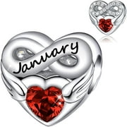 NINGAN 925 Sterling Silver January Angelwing Birthstone Heart Charm for Women Moment Charm Bracelet