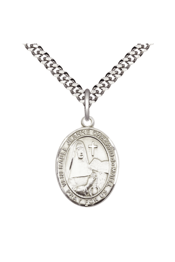 .925 Sterling Silver Jeanne Chezard de Matel Medal Pendant on 24 Inch Endless Rhodium Plated Heavy Curb Brass Chain ,Catholic Religious Necklace -Made in USA- Deluxe Velvet Gift Box