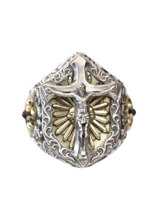 925 Sterling Silver Jesus Christ Cross Brass Shield Ring TA462 US Size 13