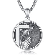 925 Sterling Silver Jesus Pendant Necklace for Men, Catholic Praying Jesus with Crown of Thorns Round Coin Medallion Necklace, Religious Christian Faith Jewelry Gift for Baptism Confirmation