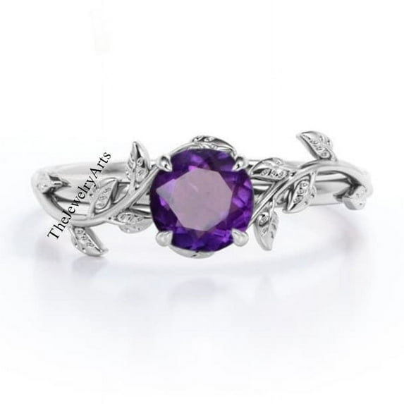 925 Sterling Silver Jewelry Natural Amethyst Ring, February Birthstone, Round Cut Ring, Natural Purple Leaf Ring Gemstone Ring