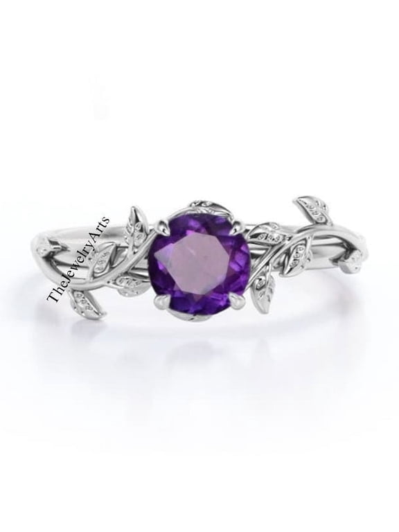 925 Sterling Silver Jewelry Natural Amethyst Ring, February Birthstone, Round Cut Ring, Natural Purple Leaf Ring Gemstone Ring