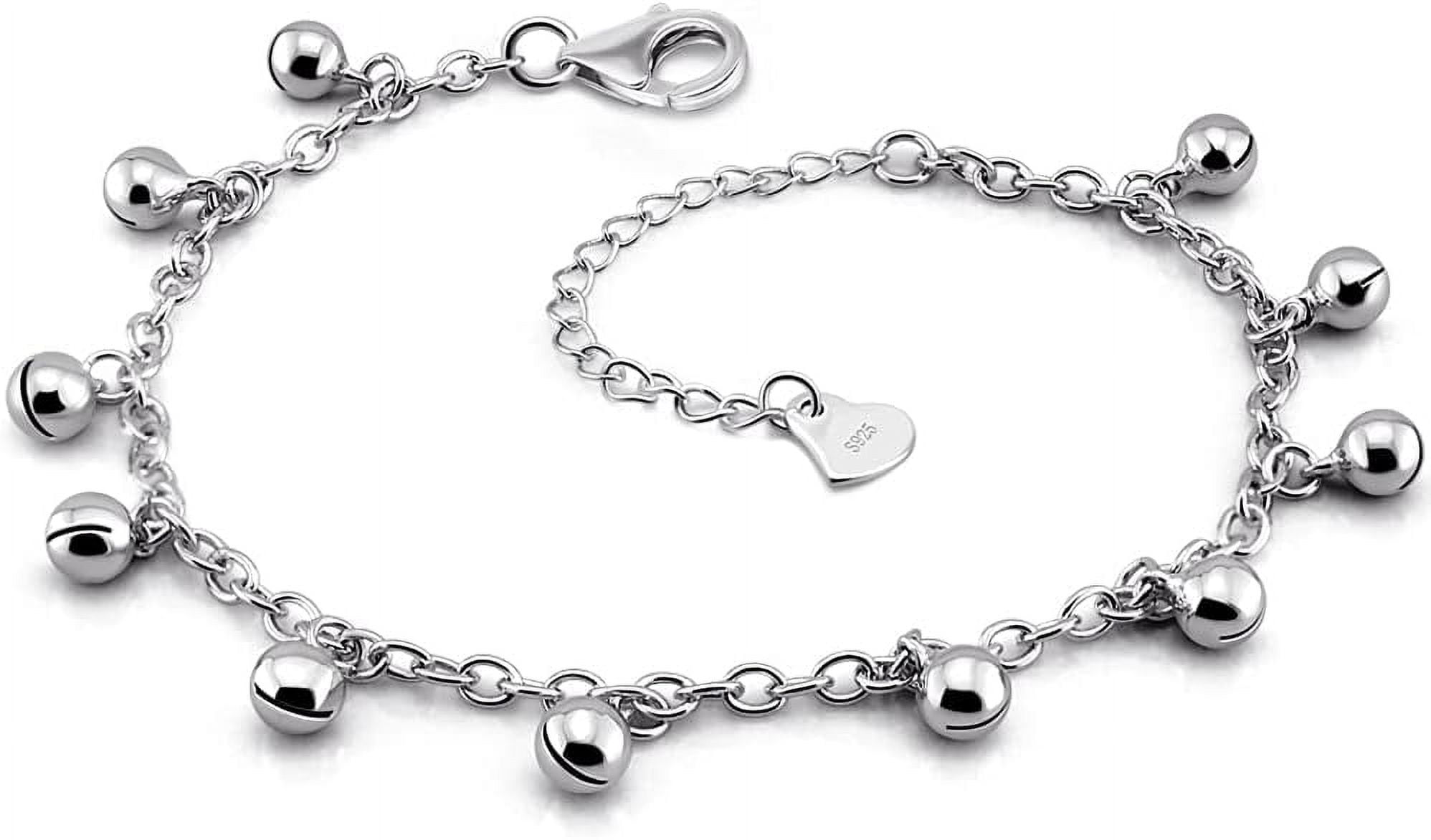 925 Sterling Silver Jingle Bells Bead Chain Charm Bracelet/Anklet, Dual Purpose of Anklet & Bracelet - Up To 10.5" Inch - for Women