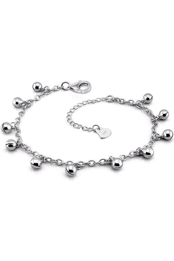 925 Sterling Silver Jingle Bells Bead Chain Charm Bracelet/Anklet, Dual Purpose of Anklet & Bracelet - Up To 10.5" Inch - for Women