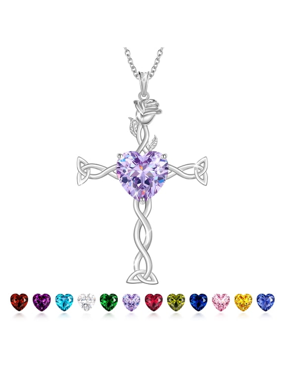 Silver Plated Celtic Cross Necklace for Women,June Birthstone Rose Flower Pendant Irish Jewelry Christmas Valentines Birthday Gift for Mother/Wife/Daughter