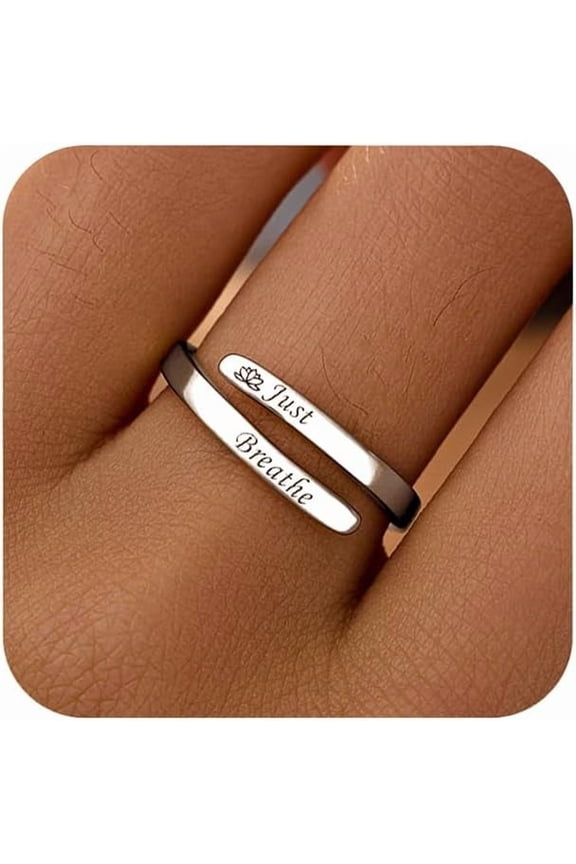 925 Sterling Silver Just Breathe Inspirational Rings for Women Daughter 14k Gold Plated Adjustable Tiny Hope Wrap Ring Open Healing Heart felt Encouragement Ring Jewelry Christmas Gifts