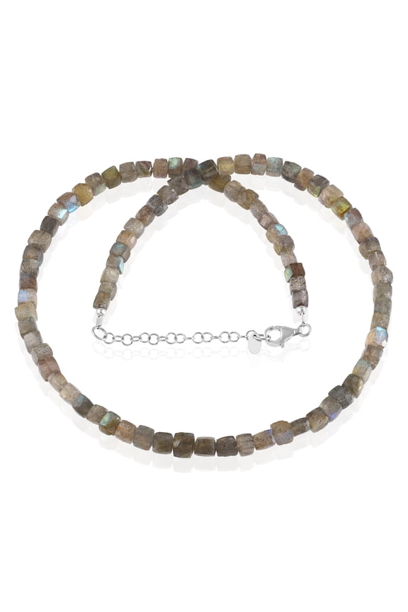 925 Sterling Silver Labradorite Beaded Necklace, Faceted Cube Beads, 45+5 cm Adjustable Chain