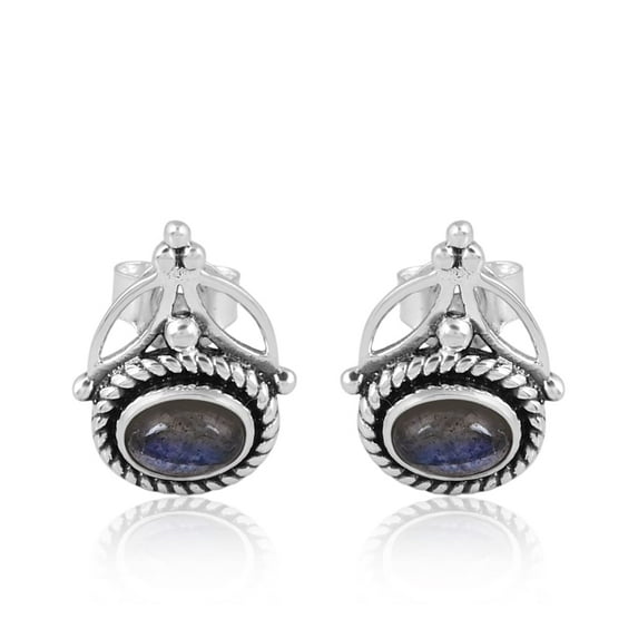 925 Sterling Silver Labradorite Cabochon Oval 6X4 Gemstone Oxidized Stud Earrings for Women