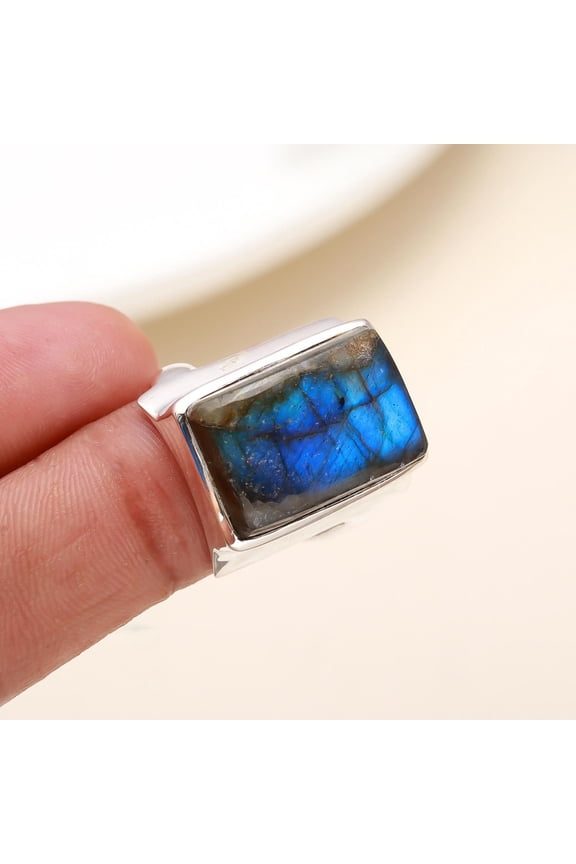 925 Sterling Silver Labradorite Statement Ring – Rectangular Designer Gemstone Ring for Women, Handmade Boho Jewelry