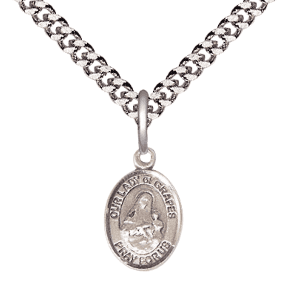 .925 Sterling Silver Our Lady of Grapes Medal Pendant on 24 Inch Endless Rhodium Plated Heavy Curb Brass Chain, Catholic Religious Necklace -Made in USA- Deluxe Velvet Gift Box