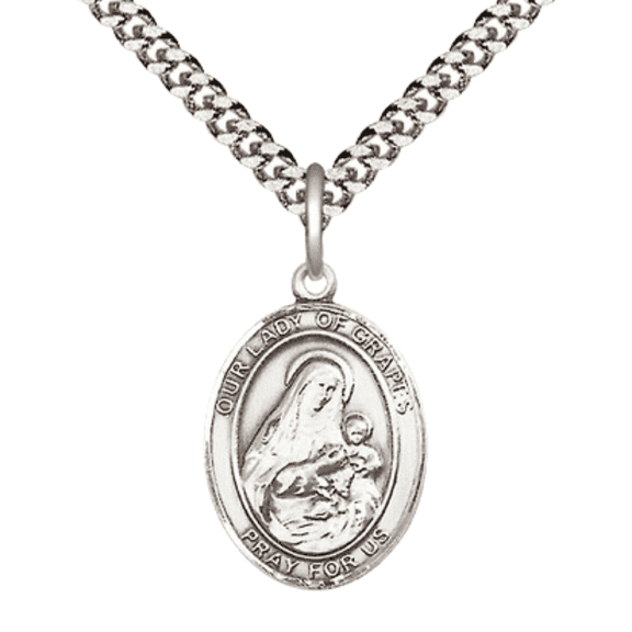 .925 Sterling Silver Our Lady of Grapes Medal Pendant on 24 Inch Endless Rhodium Plated Heavy Curb Brass Chain ,Catholic Religious Necklace -Made in USA- Deluxe Velvet Gift Box