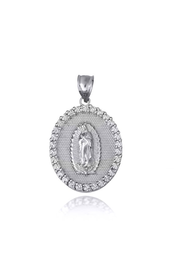 .925 Sterling Silver Lady Of Guadalupe Cubic Zirconia Oval Halo Beaded Medallion Pendant Necklace/ Pendant Only