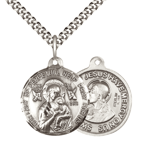 .925 Sterling Silver Our Lady Perpetual Help Medal Pendant (7/8 x 7/8") on 24 Inch Endless Rhodium Plated Heavy Curb Chain -Made in USA, Deluxe Velvet Gift Box