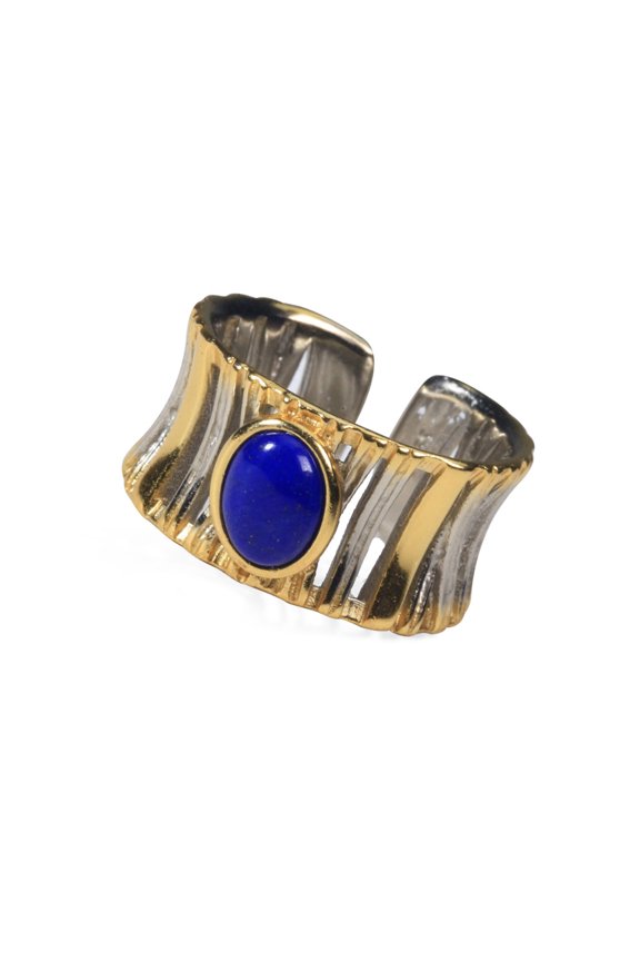 925 Sterling Silver Lapis Lazuli Open Ring, Adjustable Brushed Texture Ring with Gold, White & Black Rhodium Plated, Bold Vintage Statement Jewelry for Women
