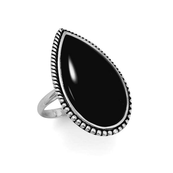 925 Sterling Silver Large Black-Onyx With Beaded Edge Ring a Pear Shaped Stone at Center 28mm X Ring for Women