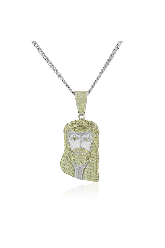 925 Sterling Silver Large Hip-Hop Clear Yellow CZ Religious Jesus Mens Pendant Necklace, 30"