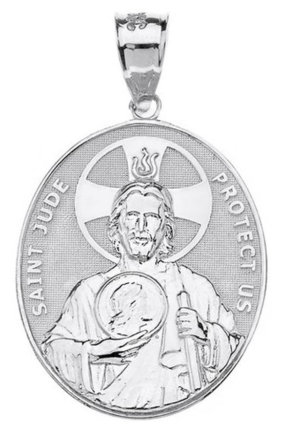 .925 Sterling Silver Large Saint Jude Protect Us Oval Pendant Necklace (1.32")(Pendant Only)