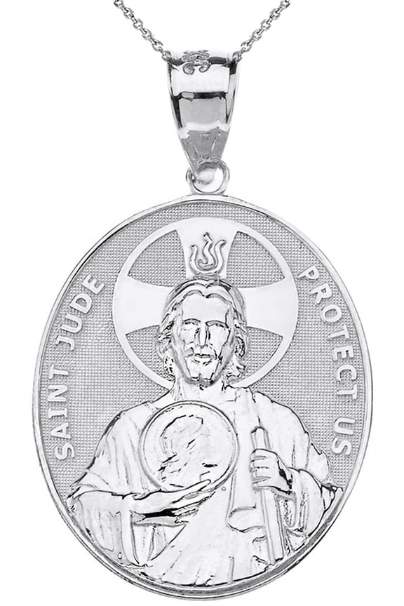 .925 Sterling Silver Large Saint Jude Protect Us Oval Pendant Necklace (Pendant with 20" chain)