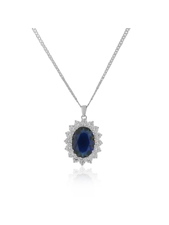 925 Sterling Silver Large Statement Oval Green Blue Red CZ Pendant Necklace, 18"