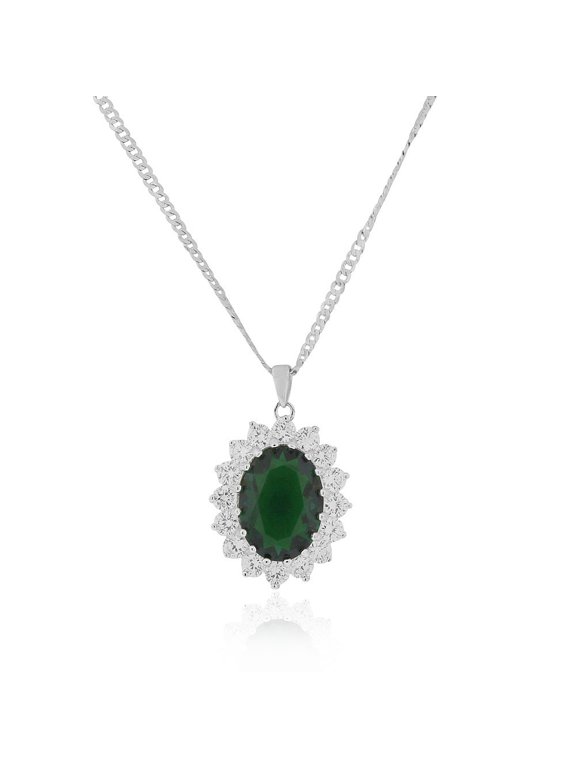 925 Sterling Silver Large Statement Oval Green Blue Red CZ Pendant Necklace, 18"