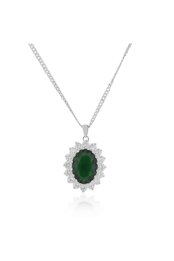 925 Sterling Silver Large Statement Oval Green Blue Red CZ Pendant Necklace, 18"