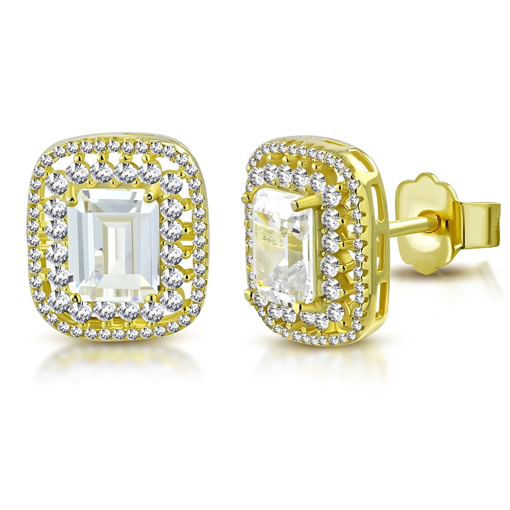 925 Sterling Silver Large Statement Rectangular Clear White CZ Stud Earrings, 0.65"