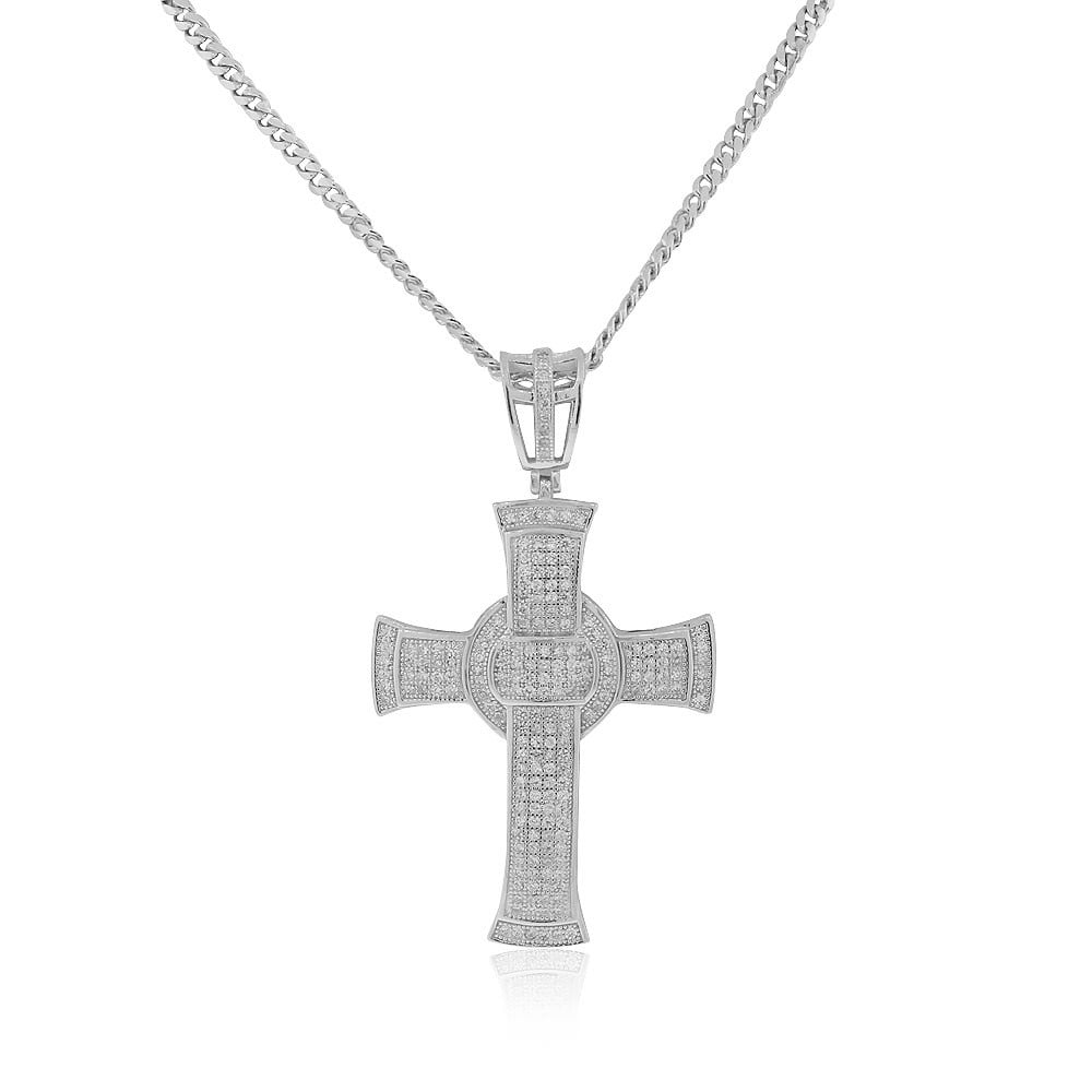 925 Sterling Silver Large Statement White Clear CZ Religious Cross