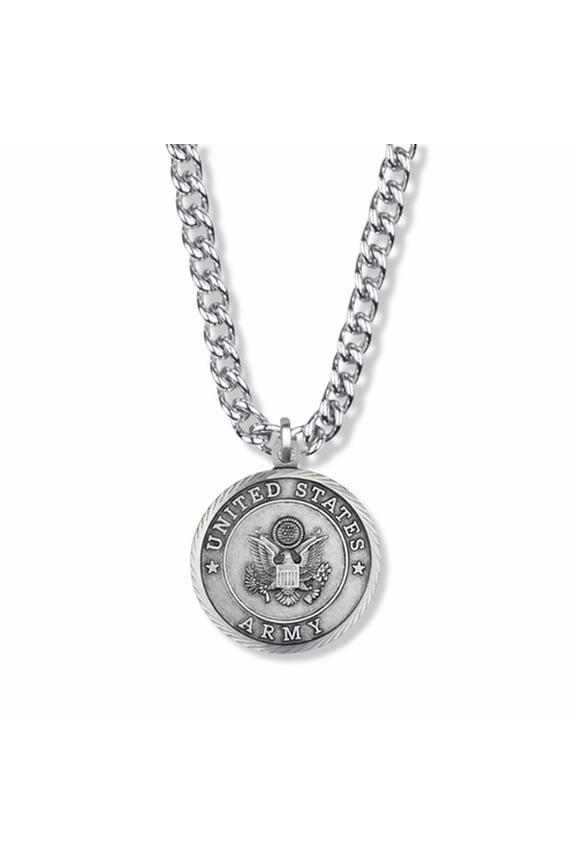 Men's 1-1/8 Inch Sterling Silver U.S. Army Medal with St. Michael on Back with Stainless Steel Rhodium Plated 24" Chain, Style Military, Saint