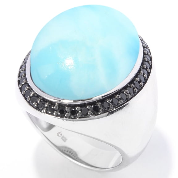 925 Sterling Silver Larimar, Black Spinel Ring