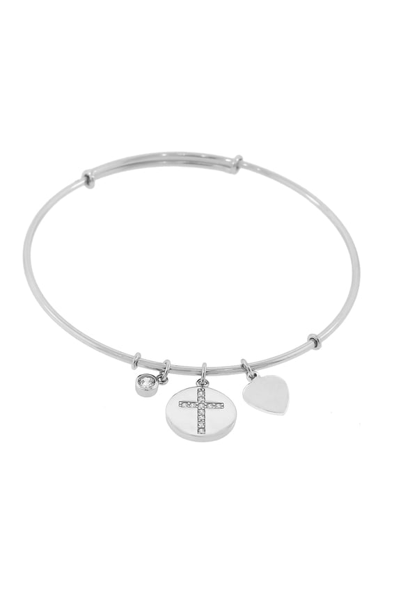 925 Sterling Silver Latin Cross Religious Bezel-Set CZ Love Heart Bangle Bracelet