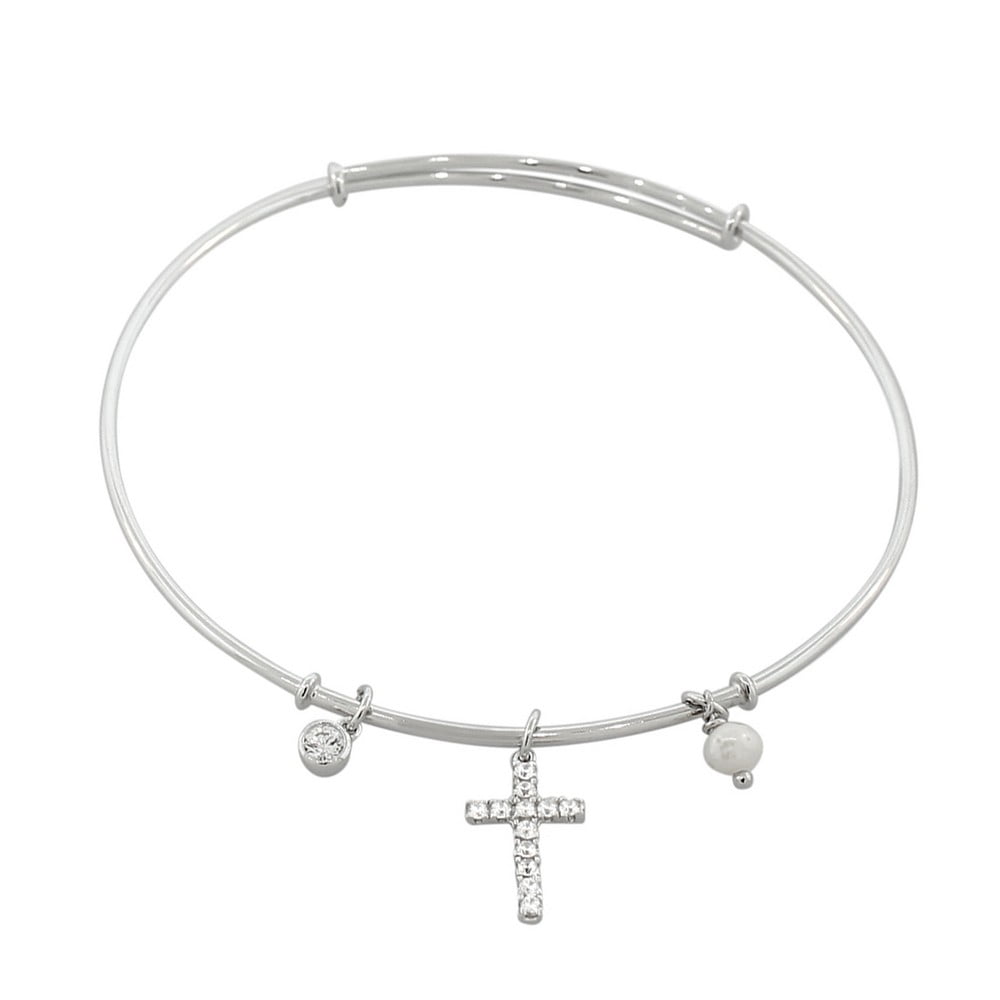 925 Sterling Silver Latin Cross Religious Simulated Pearl CZ