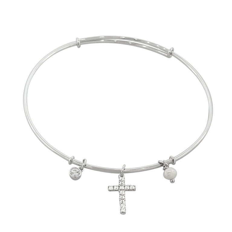 925 Sterling Silver Latin Cross Religious Simulated Pearl CZ