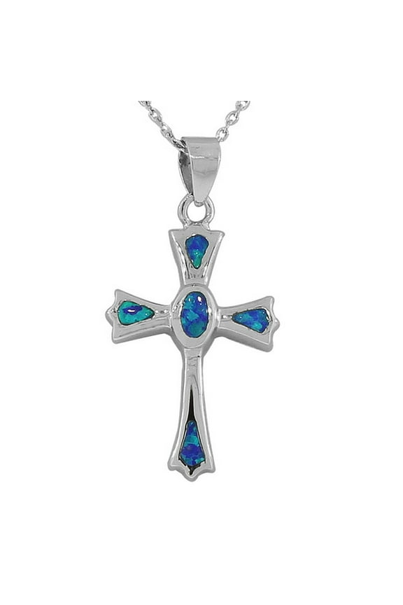 925 Sterling Silver Latin Religious Cross Blue Turquoise-Tone Simulated Simulated Opal Pendant Necklace