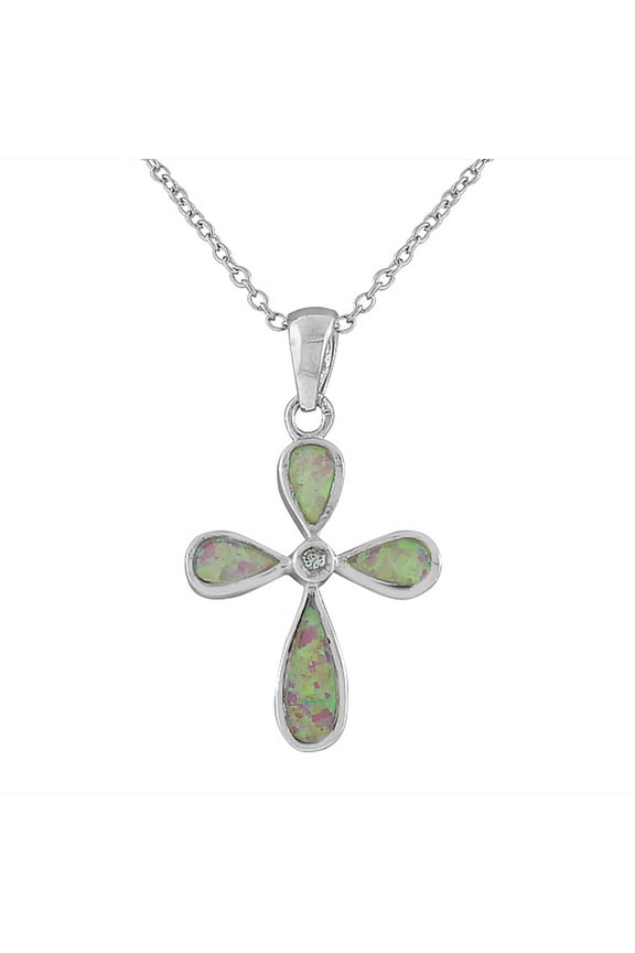 925 Sterling Silver Latin Religious Cross Simulated Opal Pendant Necklace
