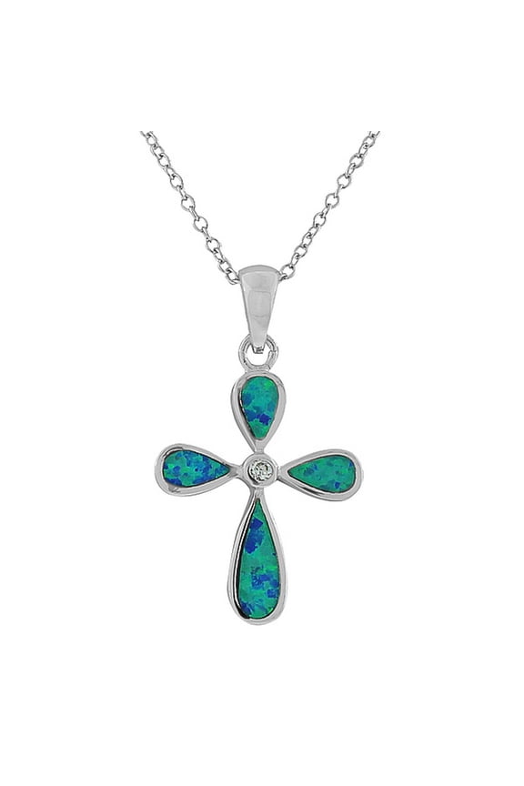 925 Sterling Silver Latin Religious Cross Simulated Opal Pendant Necklace