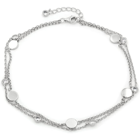 .925 Sterling Silver Layered Disc Anklet, Cubic Zirconia Ankle Bracelet, Giorgio Bergamo Silver