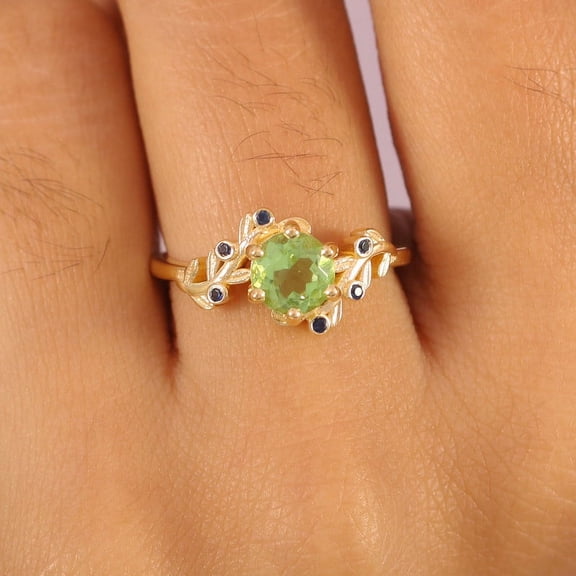 925 Sterling Silver Leaf Band Ring, Green & Blue Sapphire Ring, Nature Inspired Stackable Ring, Engagement Ring