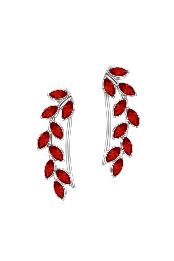 925 Sterling Silver Leaf Earring Ear Crawlers Earrings with Simulated Ruby Birthstone Crystals Climber Earrings Jewelry Gift for Her