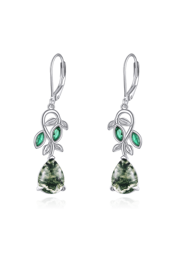 925 Sterling Silver Leaf Moss Agate Earrings Filigree Teardrop Dangle Drop Leverback Earrings for Women Jewelry
