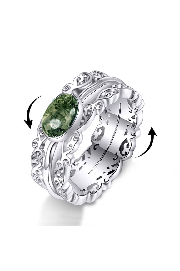 925 Sterling Silver Leaf Moss Agate Ring Filigree Fidget Anxiety Rings for Women Worry Ring Spinner Rings Anti Stress Mood Rings Gifts Band Wide 8#