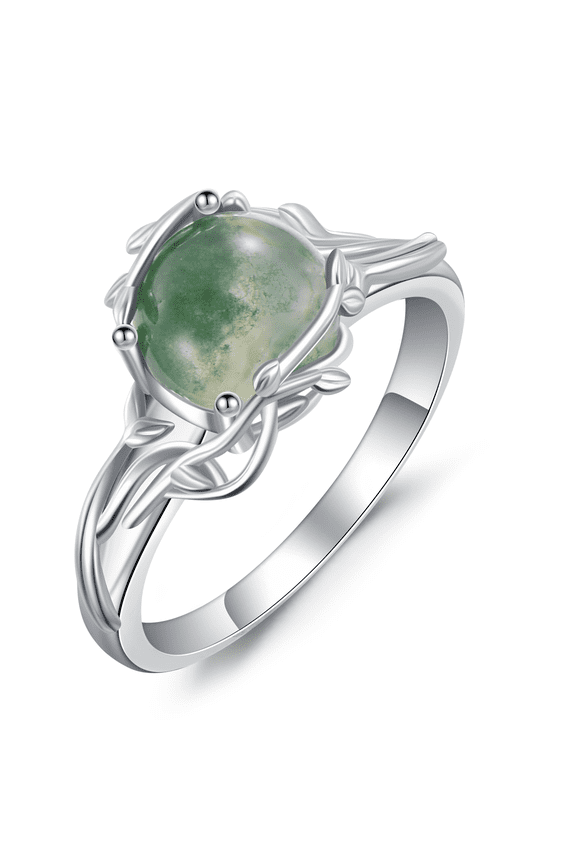 925 Sterling Silver Leaf Moss Agate Ring for Women Moss Agate Jewelry Gifts Band Wide 9#