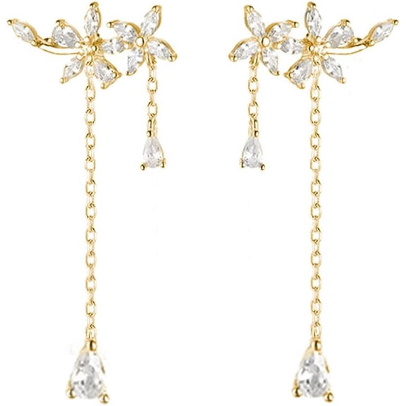 925 Sterling Silver Leaf Wrap Earrings Cuff for Women Dangle Earrings Gold Earrings Wedding Earrings Crawler Earrings (C-Gold)