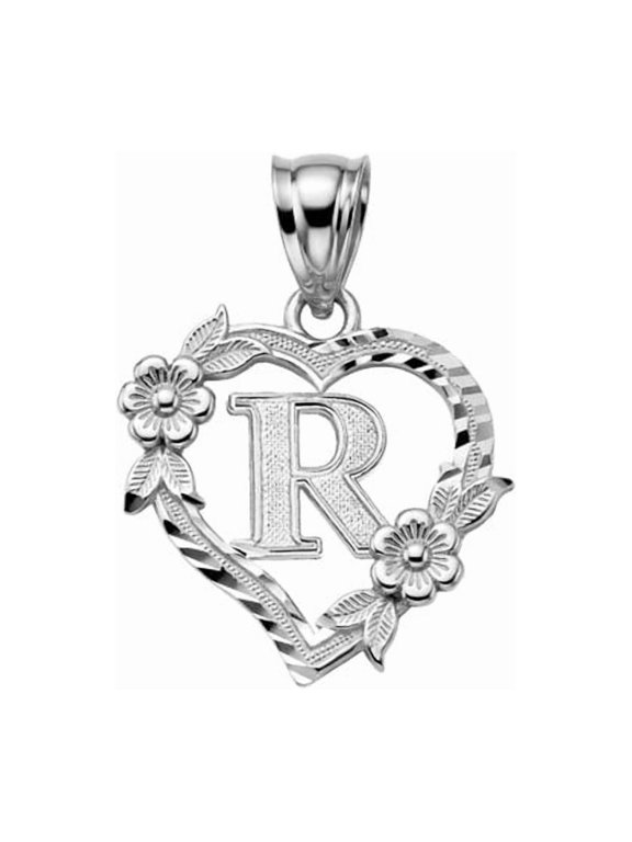 925 Sterling Silver Letter Initial Flower Heart Monogram Pendant Necklace Initial R (20 INCHES)