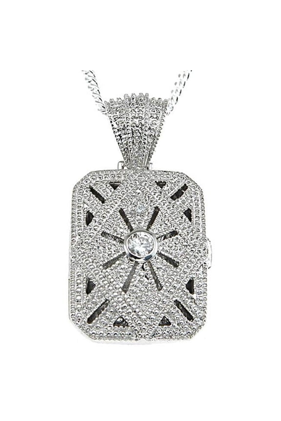 925 Sterling Silver Locket Antique Style Pave Pendant, Rhodium Finish