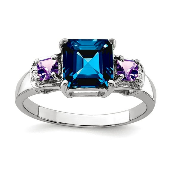 925 Sterling Silver London Blue Topaz Amethyst and Diamond Ring Size 8 2mm Wide Ring for Women