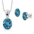 thumbnail image 1 of 925 Sterling Silver London Blue Topaz and Blue Created Sapphire Pendant and Earrings Jewelry Set for Women (7.25 Cttw, Gemstone Birthstone, Oval 11X9MM and 8X6MM with 18 inch Silver Chain), 1 of 3