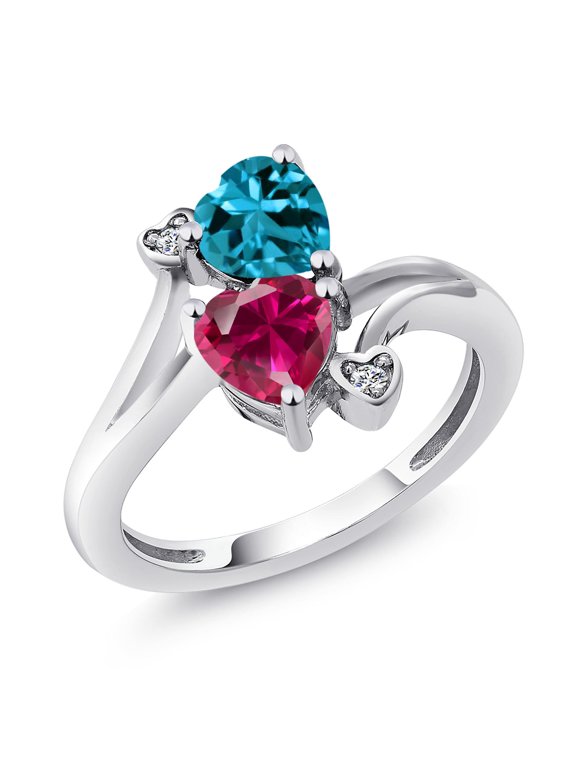 925 Sterling Silver London Blue Topaz Red Created Ruby and White Lab Grown Diamond Ring for Women (1.94 Cttw, Heart Shape 6MM, Gemstone November Birthstone, Size 6)