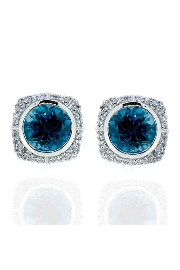 925 Sterling Silver London Blue Topaz,White Natural Zircon Stud Earring