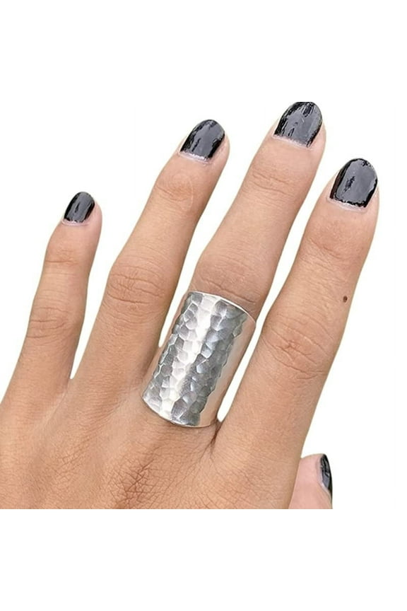 925 Sterling Silver Long Boho Statement Ring – Handmade Hammered Wide Wrap Band, Adjustable Shiny Finish Bold Ring for Women