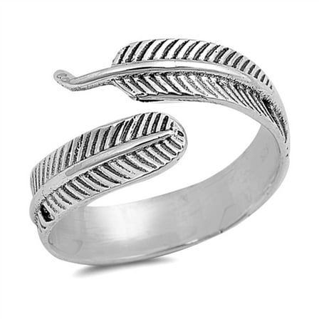 925 Sterling Silver Long Feather Adjustable Ring Size 10